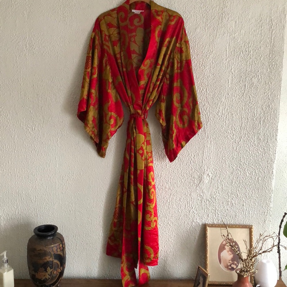 Sateen red and gold kimono style robe